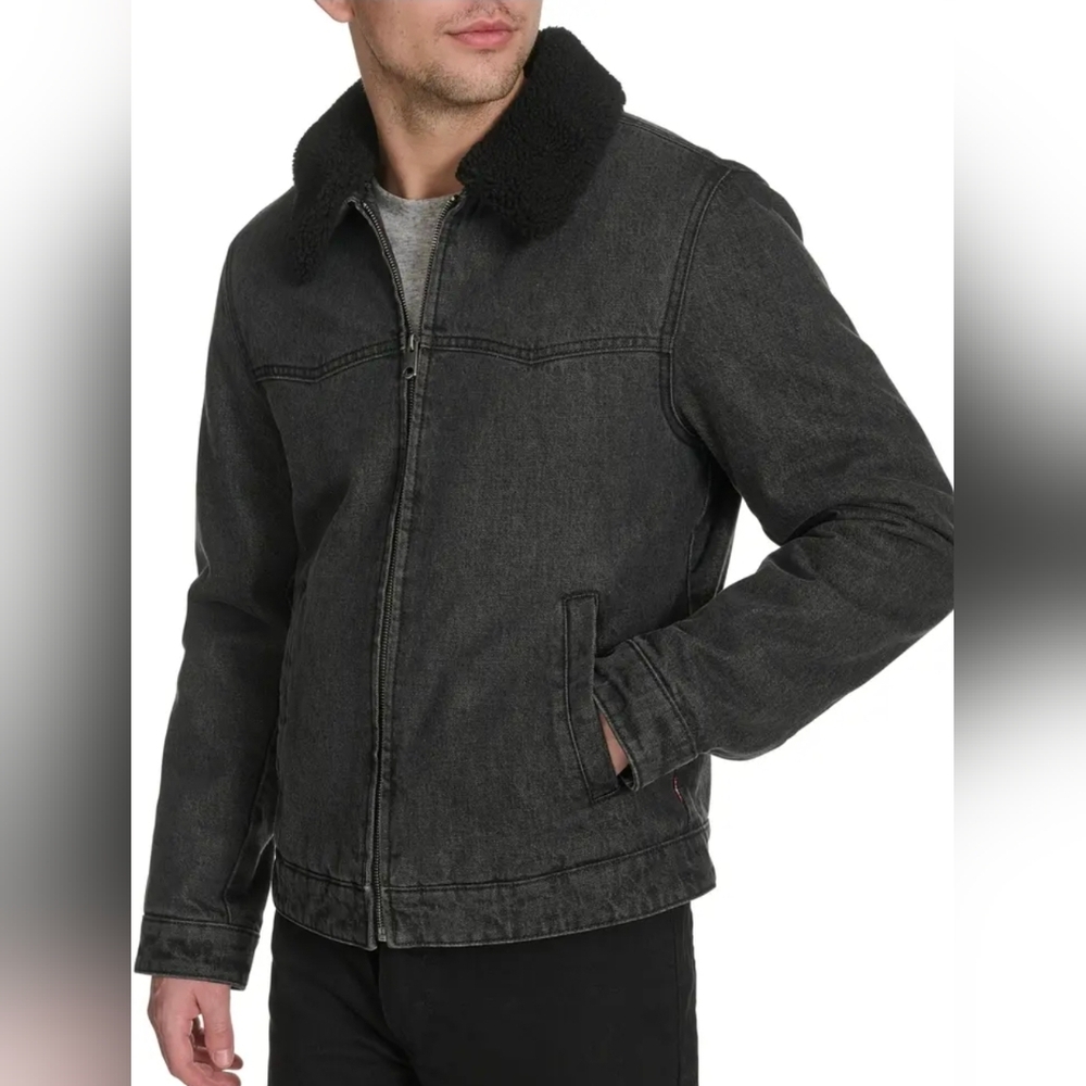 Men's Black Western Levi's Denim Jacket Faux Sherpa Collar XL